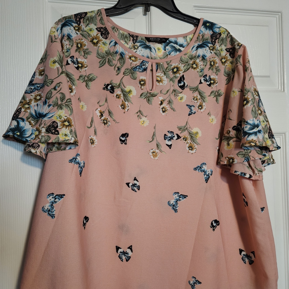 Shein Floral Butterfly Pink Blouse